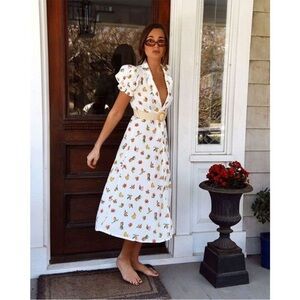 We Wore What V-Neck Button Front Fruit Floral Print Dress White Small no belt